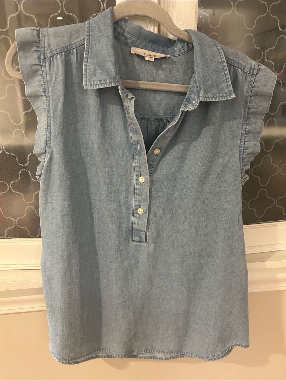 LOFT Light Blue Chambray Ruffle Sleeve Popover